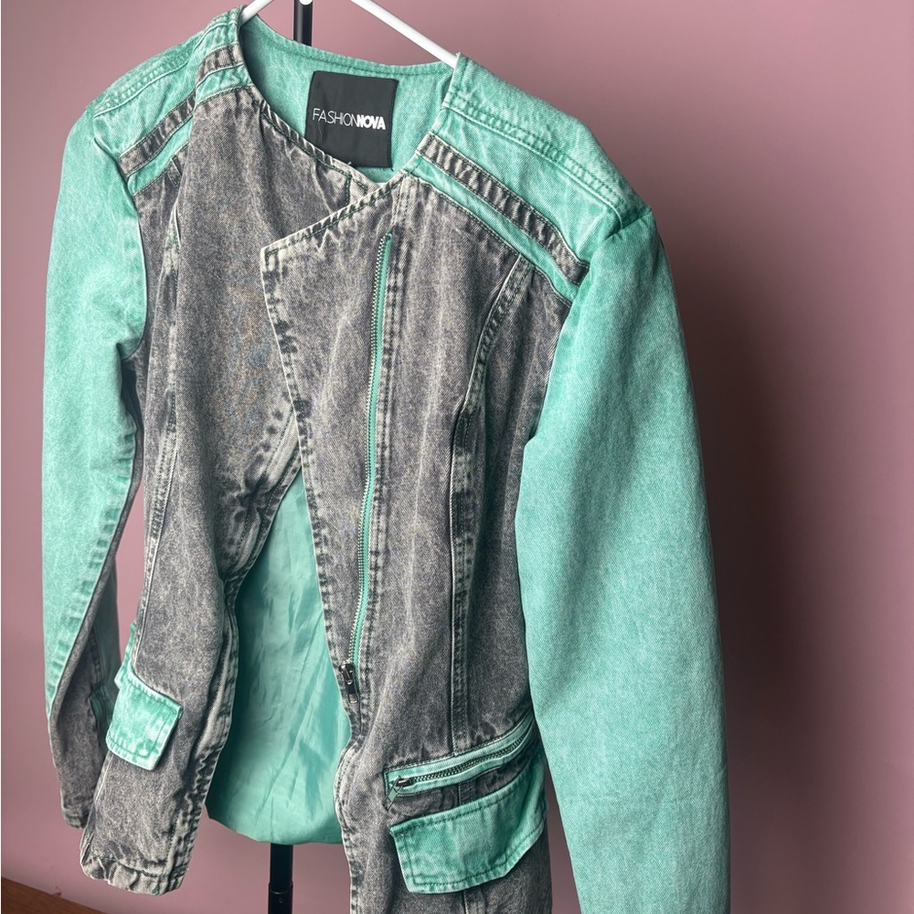 Fashion Nova Green and Gray Jean Jacket Asymmetrical Design